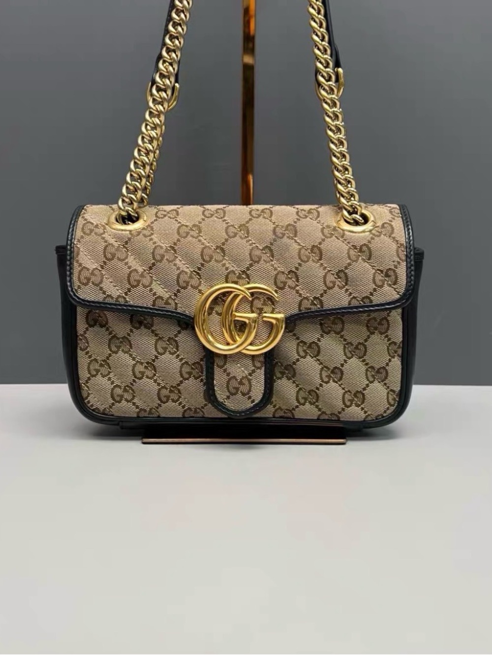 Gucci Beige GG Canvas Shoulder Bag with Black Trim and Gold Hardware